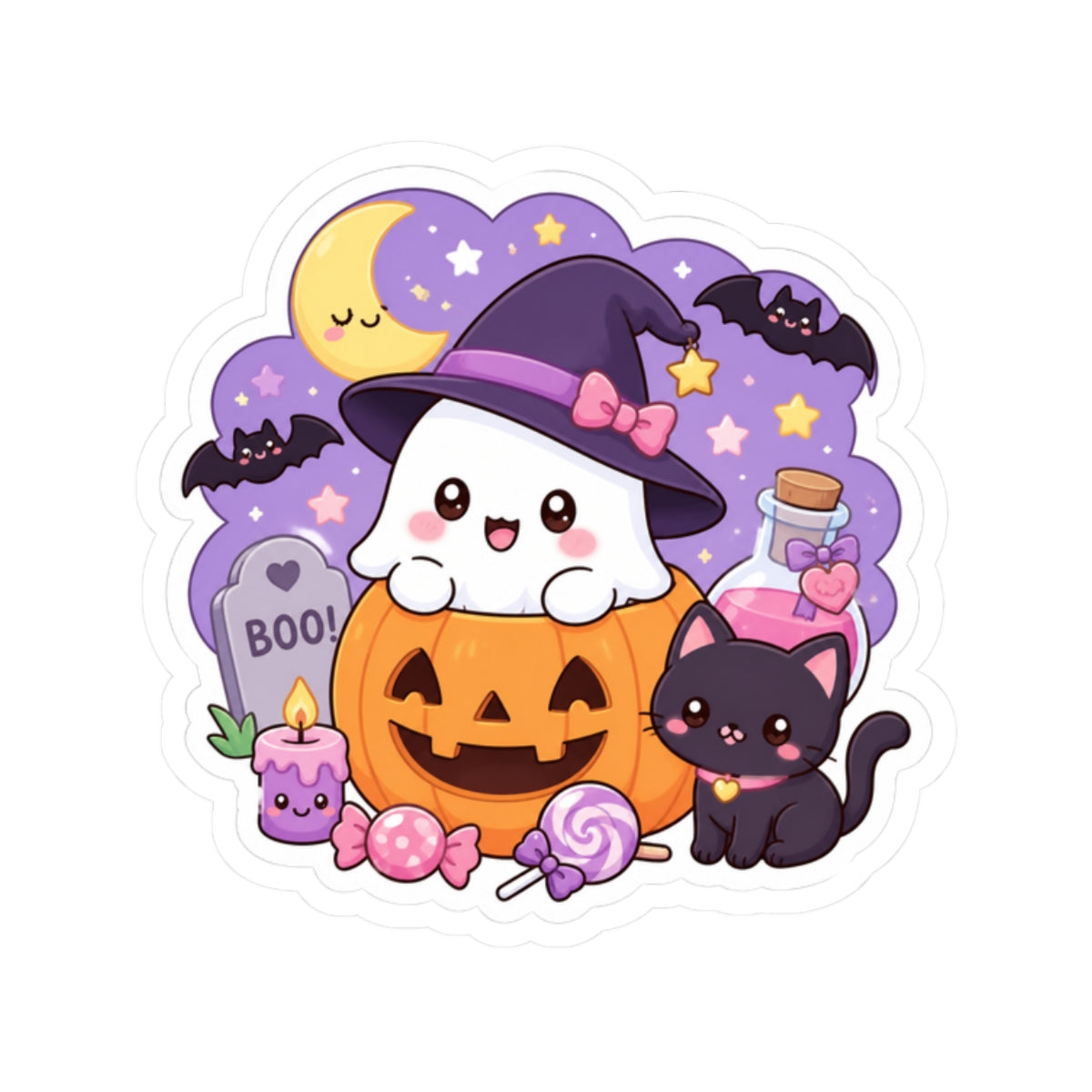 Cute Halloween Ghost & Black Cat Kiss-Cut Sticker — Pumpkin, Candy & Witch Hat Design