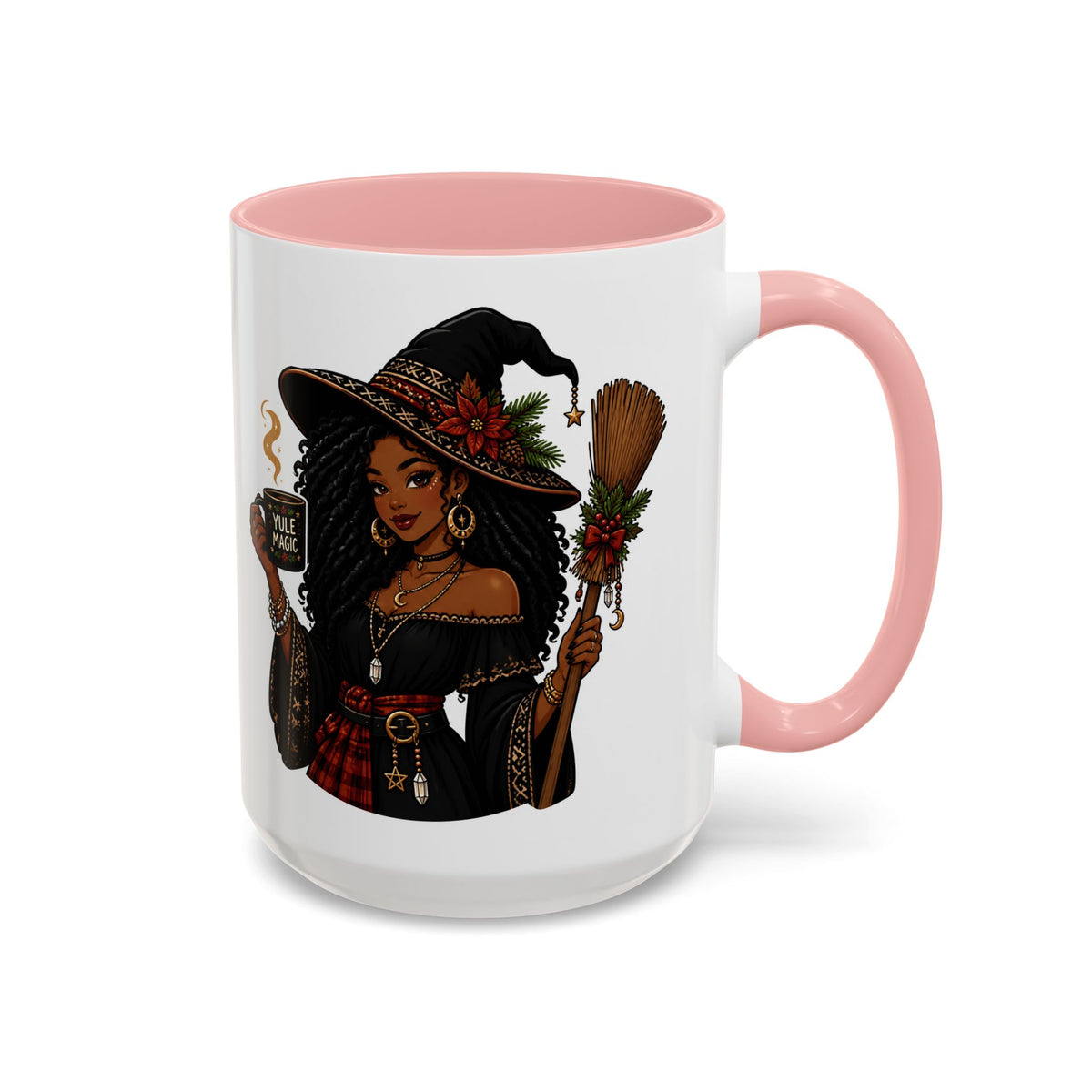 Witchy Christmas Coffee Mug with Black Witch and Broom Design
