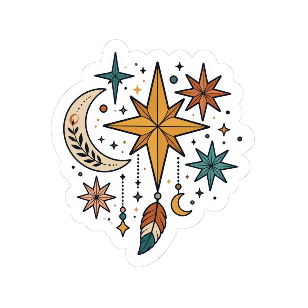 Celestial Dreamcatcher Kiss-Cut Sticker — Moon, Stars & Feather Boho Decal