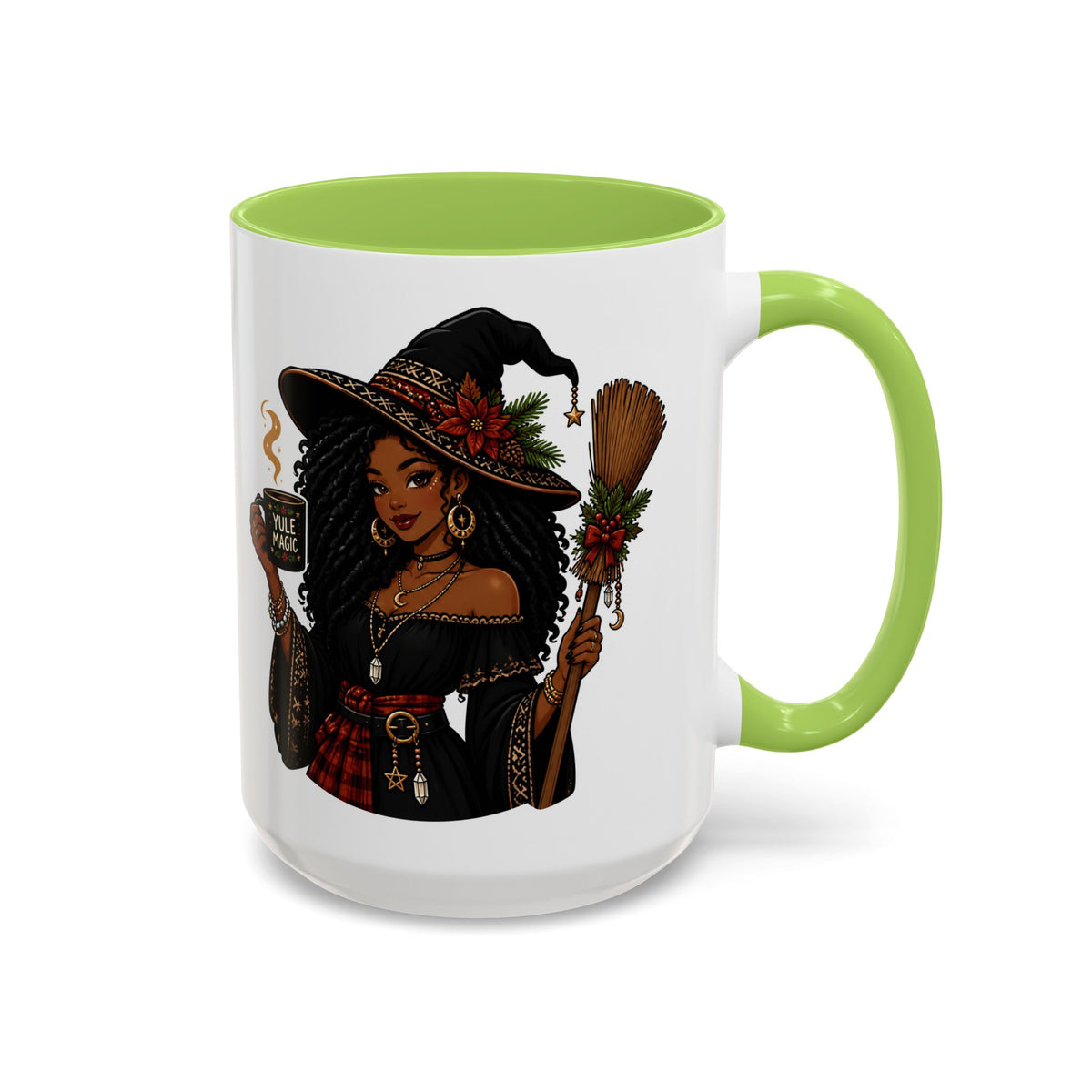 Witchy Christmas Coffee Mug with Black Witch and Broom Design