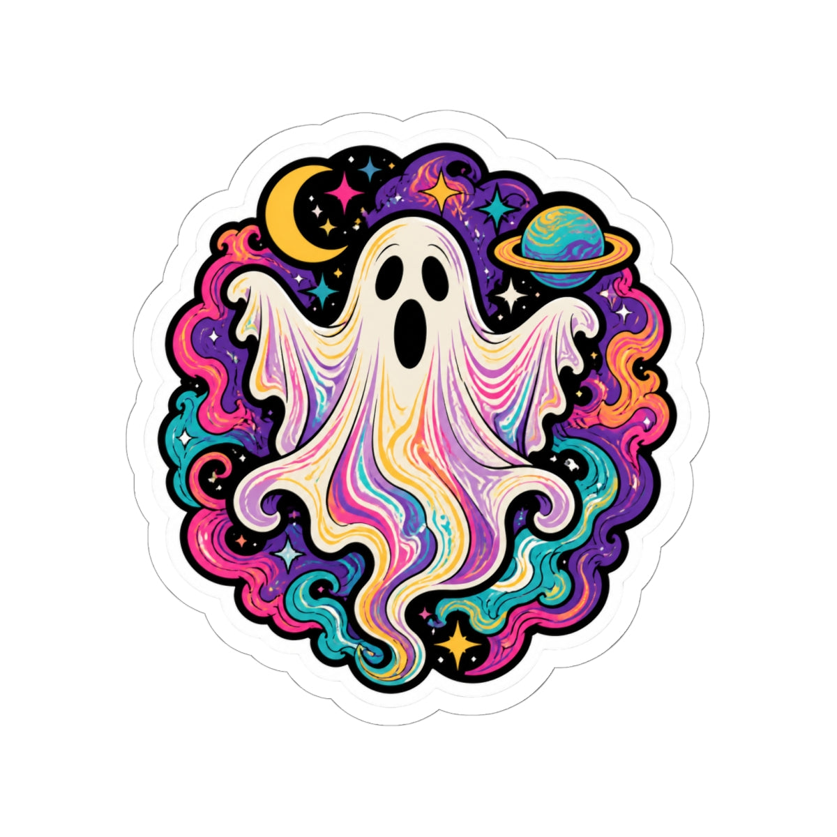 Psychedelic Ghost Sticker — Colorful Cosmic Halloween Kiss-Cut Decal