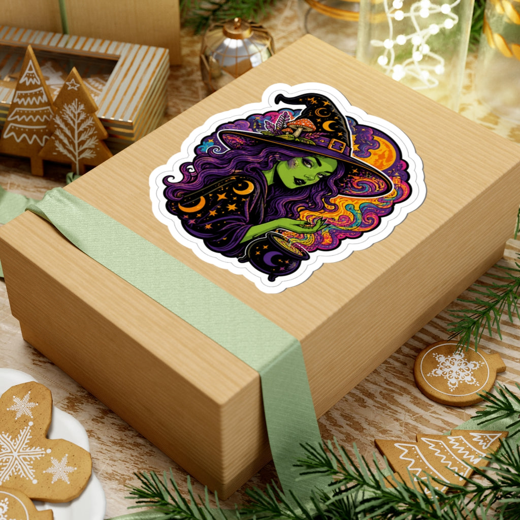 Witch Witchcraft Sticker — Green Witch with Cauldron Kiss-Cut Sticker