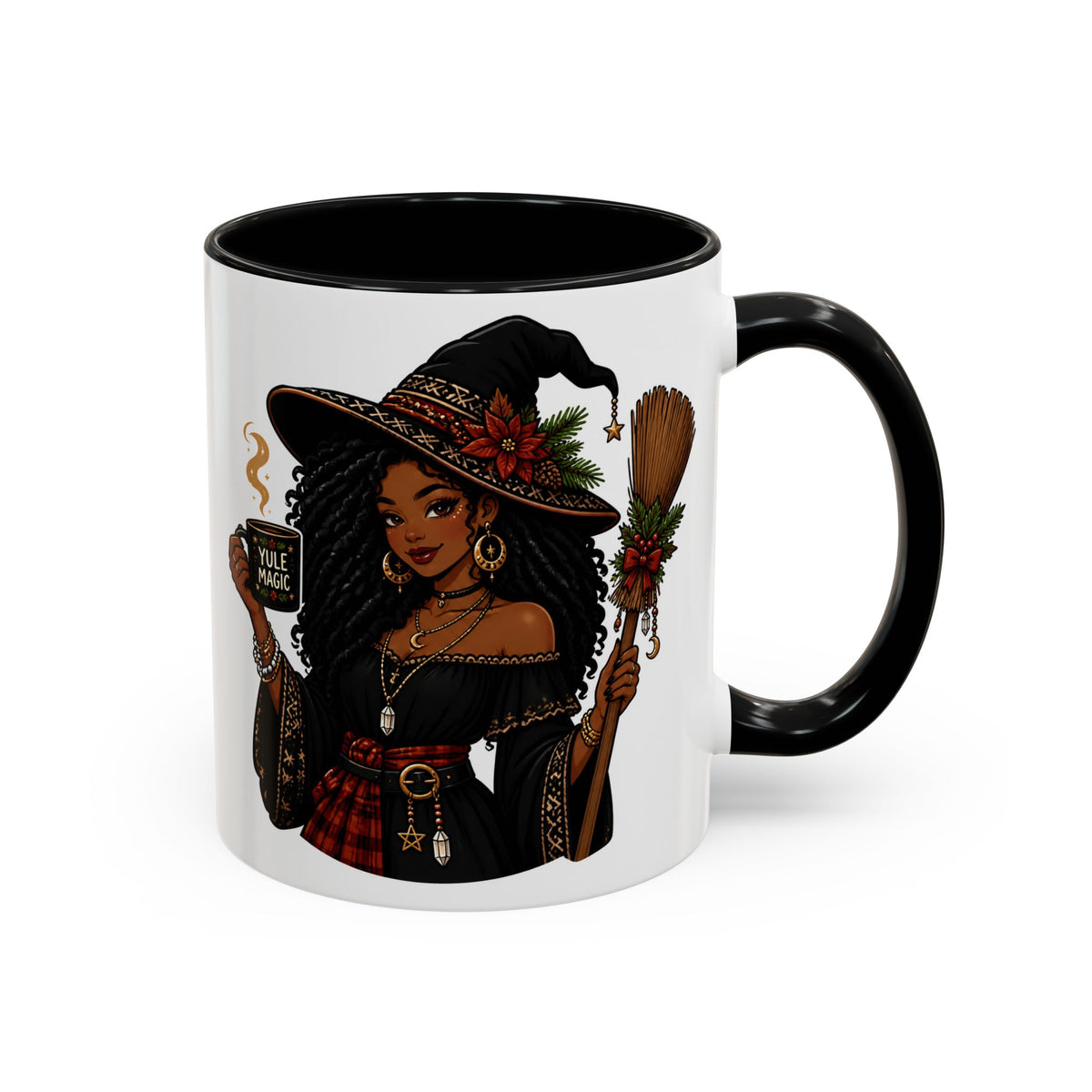 Witchy Christmas Coffee Mug with Black Witch and Broom Design