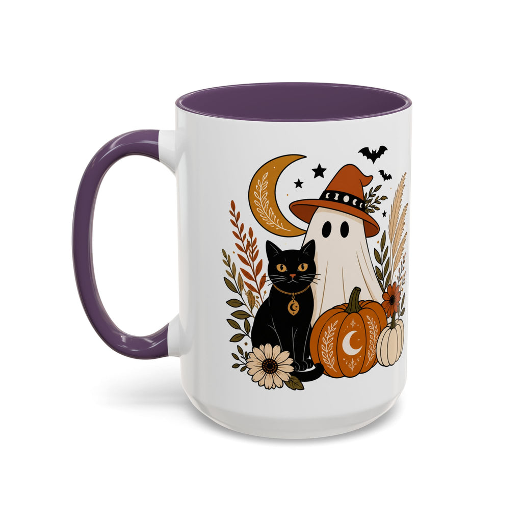 Halloween Ghost & Black Cat Accent Coffee Mug — Spooky Pumpkin Fall Coffee Cup (11/15oz)