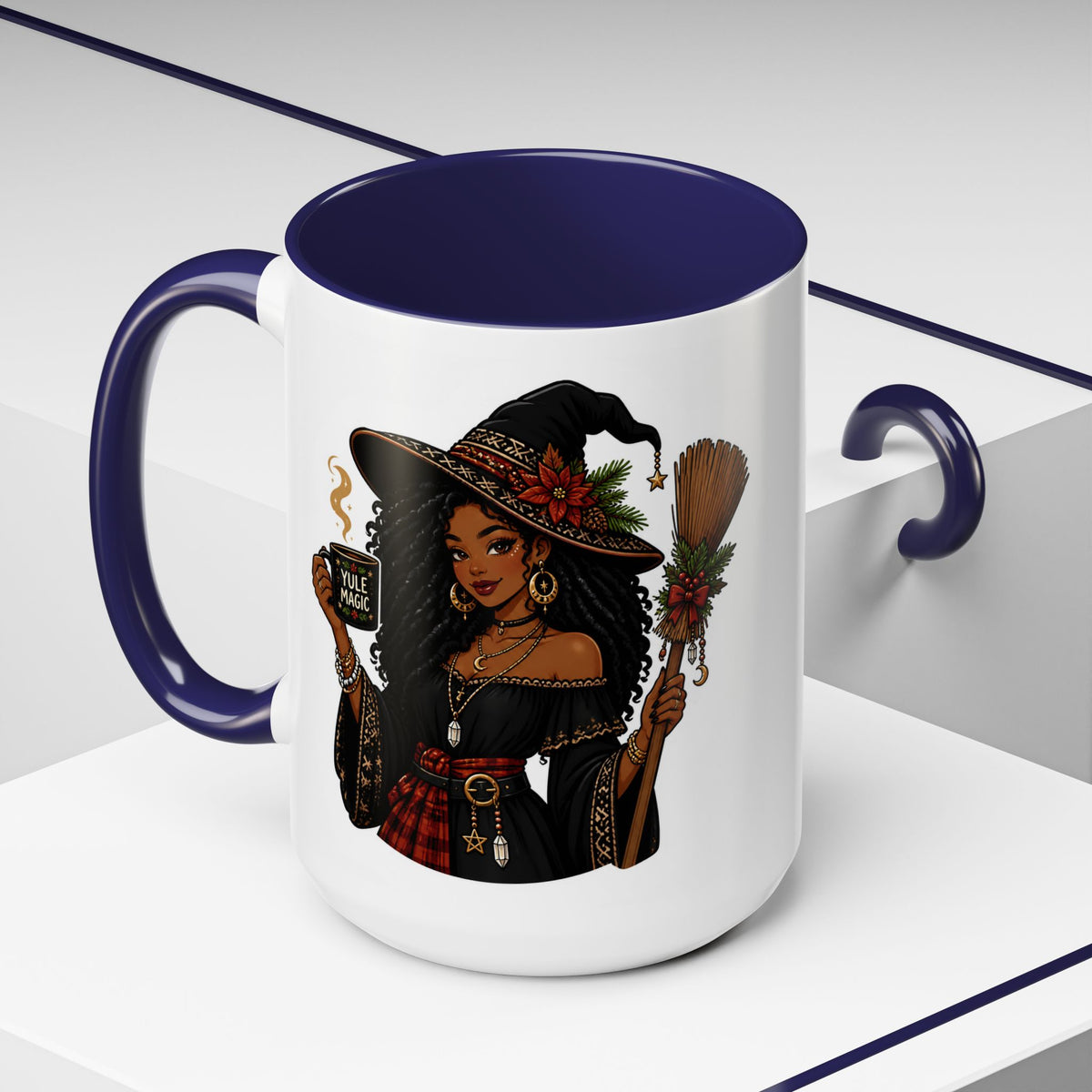 Witchy Christmas Coffee Mug with Black Witch and Broom Design