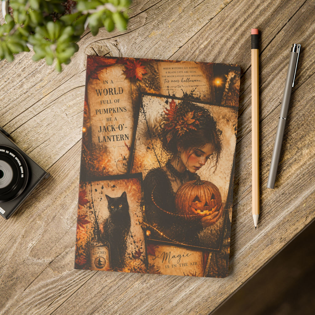 Halloween Witch & Pumpkin Softcover Journal — Magic, Jack-o'-Lantern & Black Cat Notebook