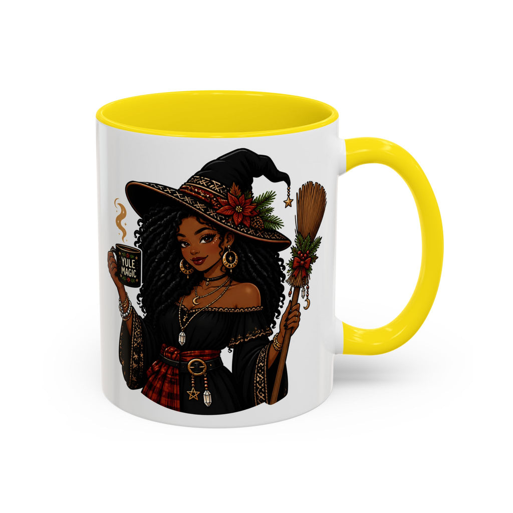 Witchy Christmas Coffee Mug with Black Witch and Broom Design