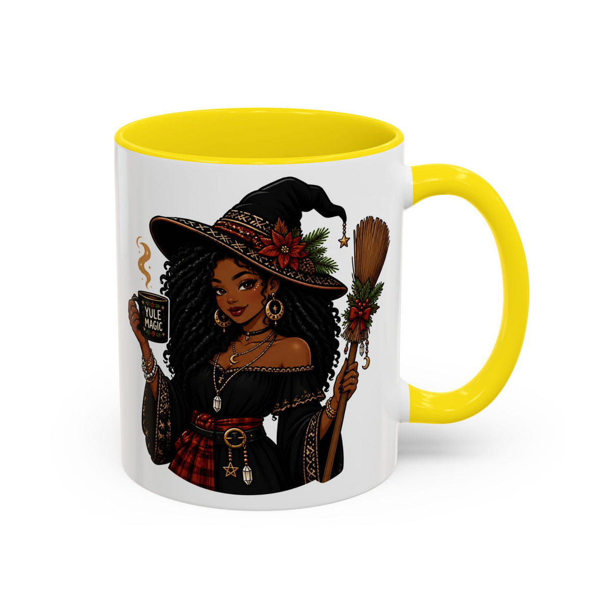 Witchy Christmas Coffee Mug with Black Witch and Broom Design