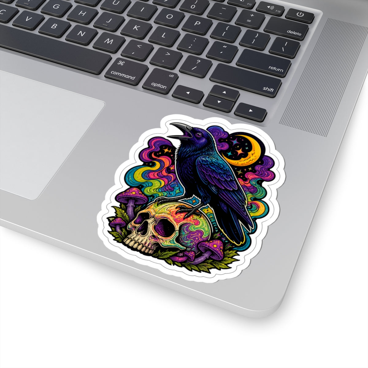 Psychedelic Raven Skull Sticker — Gothic Crow, Mushroom & Moon Kiss-Cut Decal