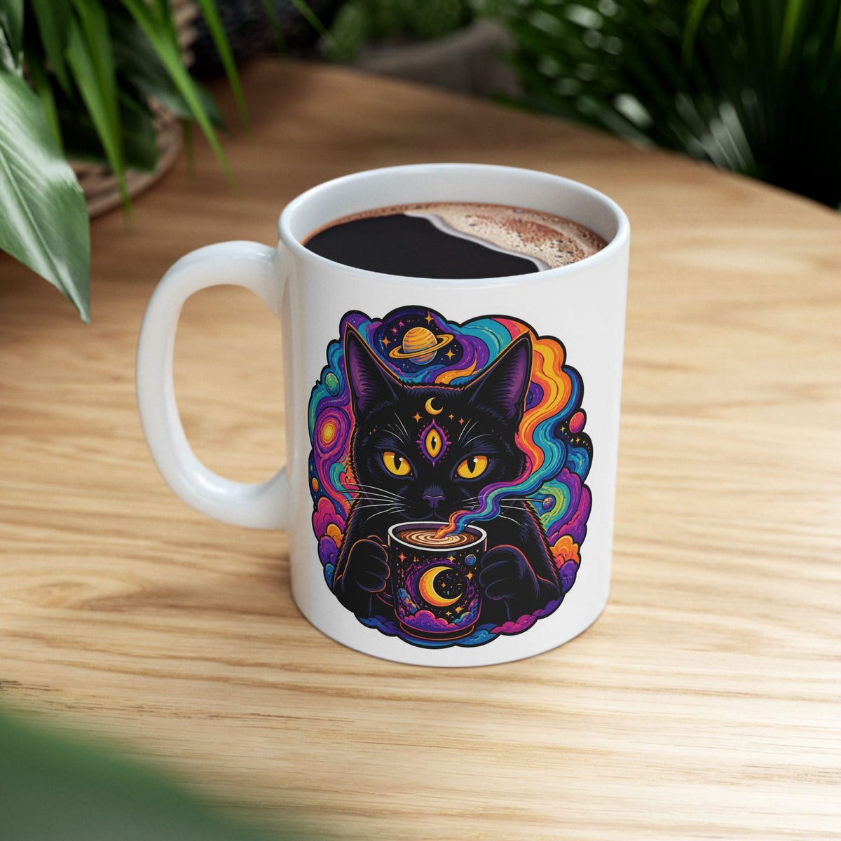 Psychedelic Cat Ceramic Mug – Colorful Cosmic Cat Coffee Cup (11oz, 15oz)