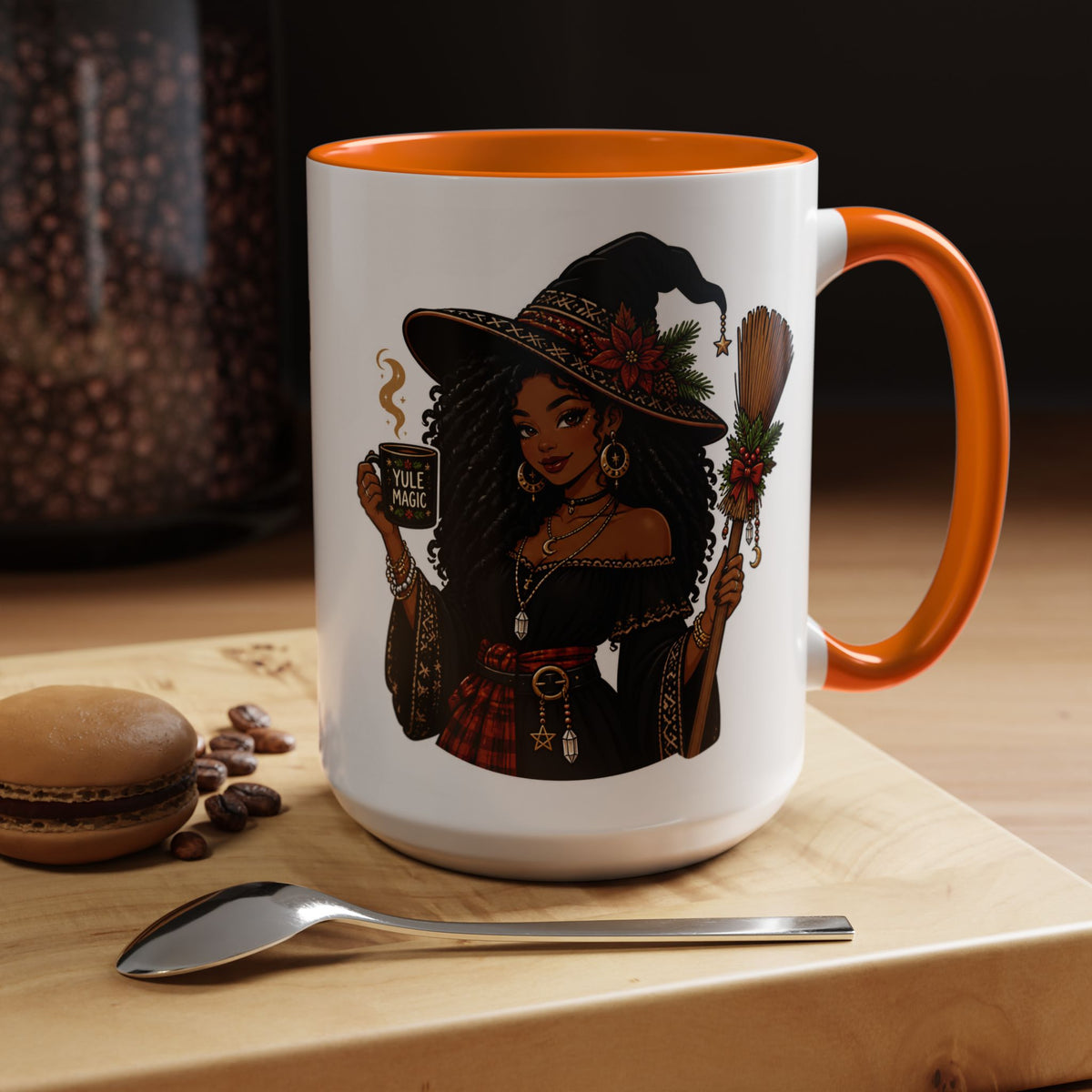 Witchy Christmas Coffee Mug with Black Witch and Broom Design
