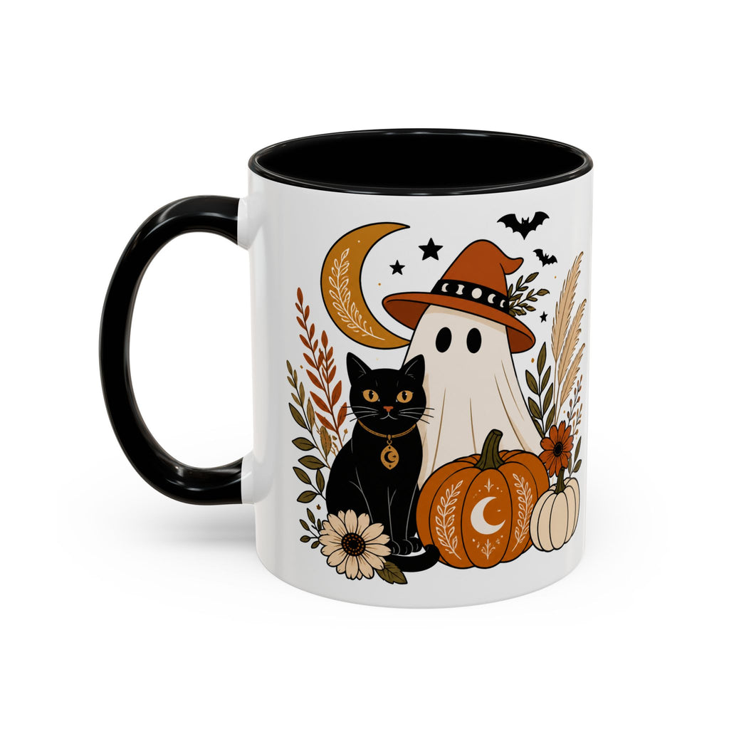 Halloween Ghost & Black Cat Accent Coffee Mug — Spooky Pumpkin Fall Coffee Cup (11/15oz)