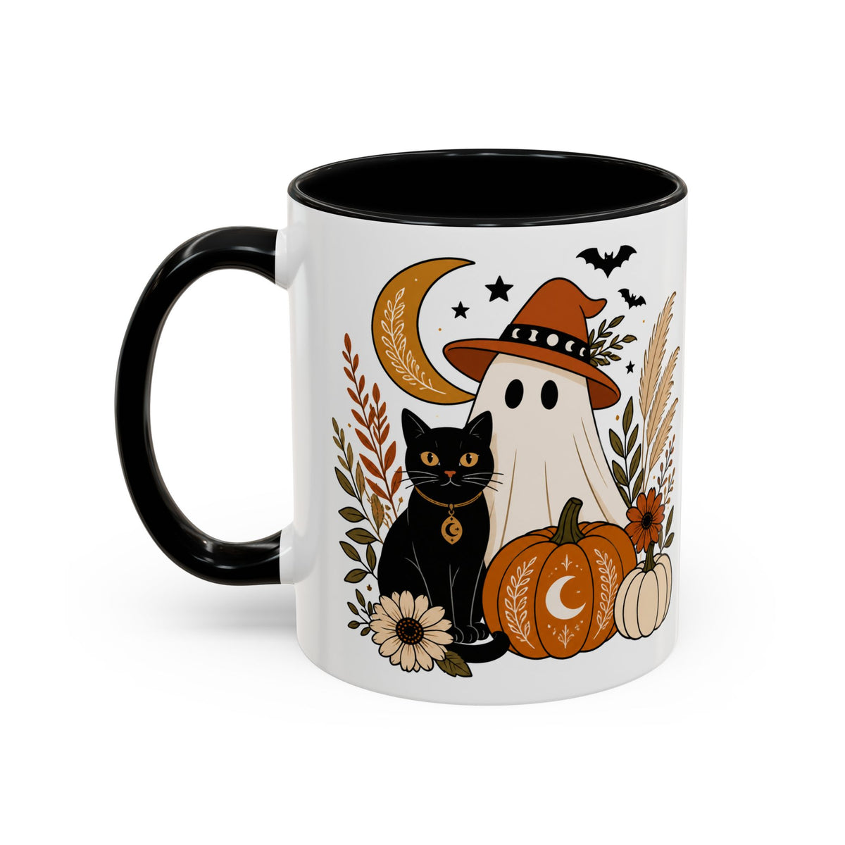Halloween Ghost & Black Cat Accent Coffee Mug — Spooky Pumpkin Fall Coffee Cup (11/15oz)