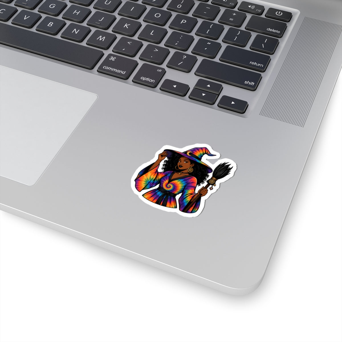 Tie-Dye Witch Sticker — Witch with Rainbow Spell Hat & Broom