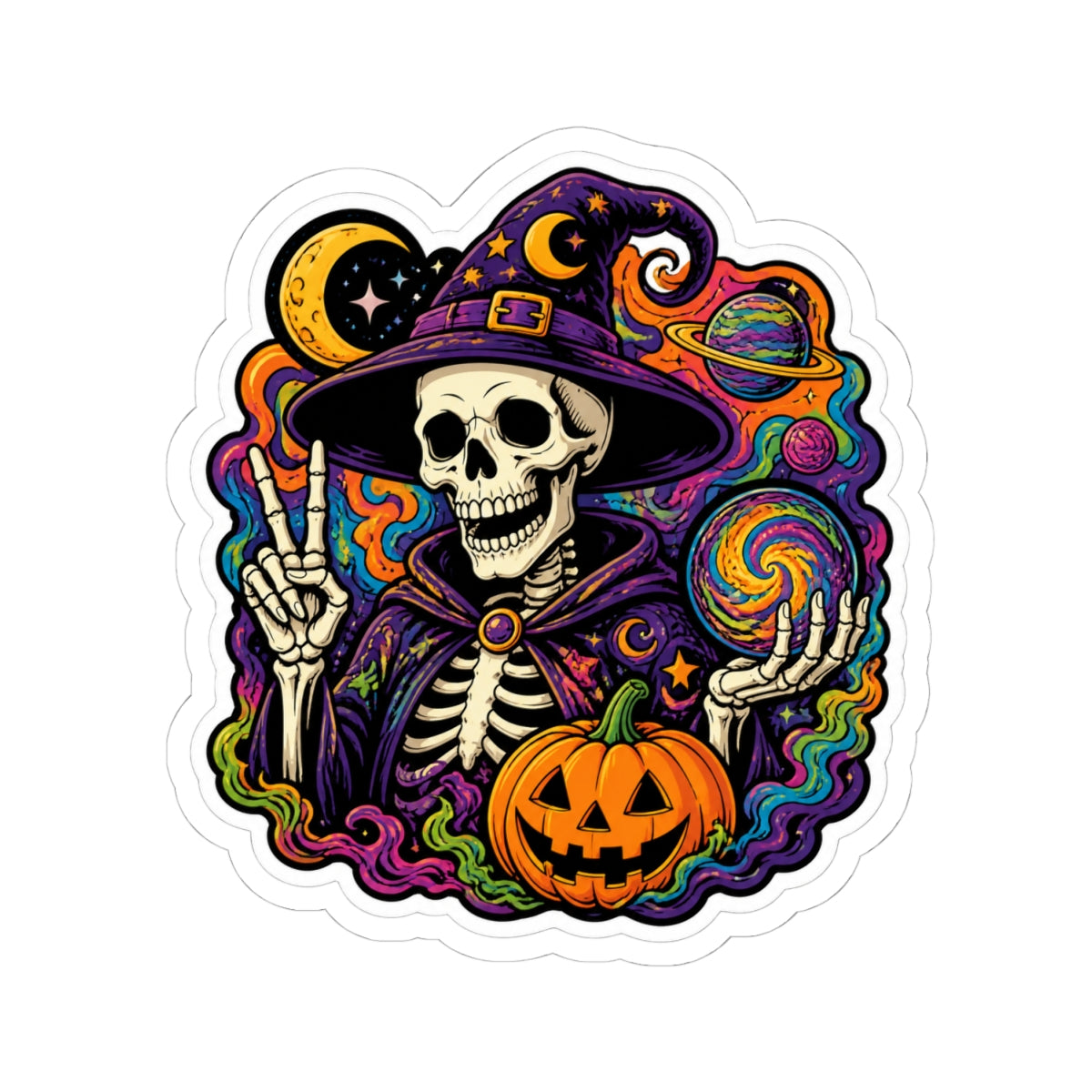 Halloween Wizard Skull Sticker — Colorful Witch, Pumpkin & Cosmic Magic Kiss-Cut Sticker