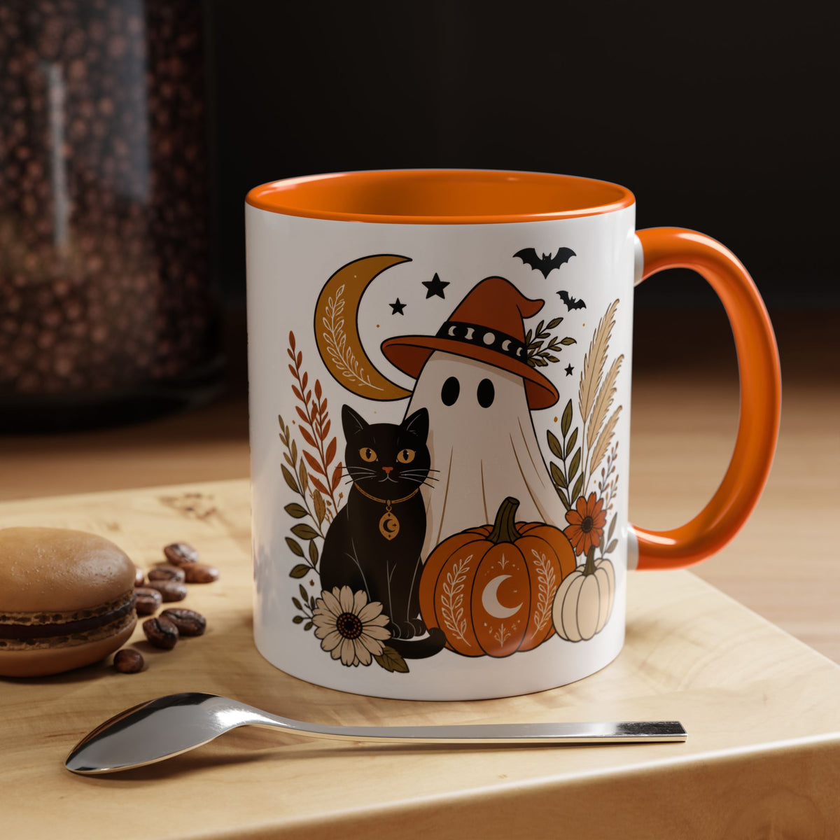 Halloween Ghost & Black Cat Accent Coffee Mug — Spooky Pumpkin Fall Coffee Cup (11/15oz)