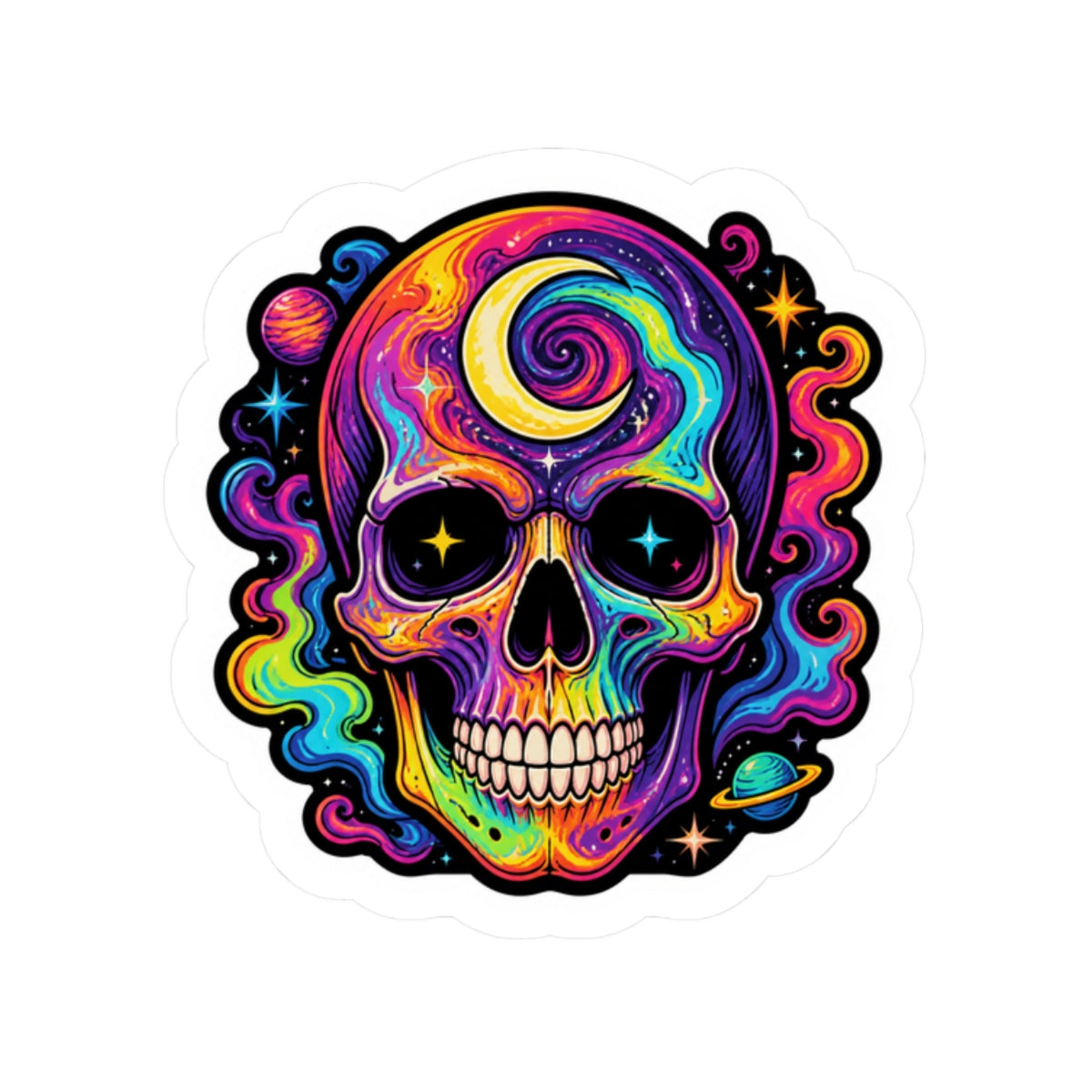 Psychedelic Skull Sticker — Colorful Cosmic Skull Kiss-Cut Decal