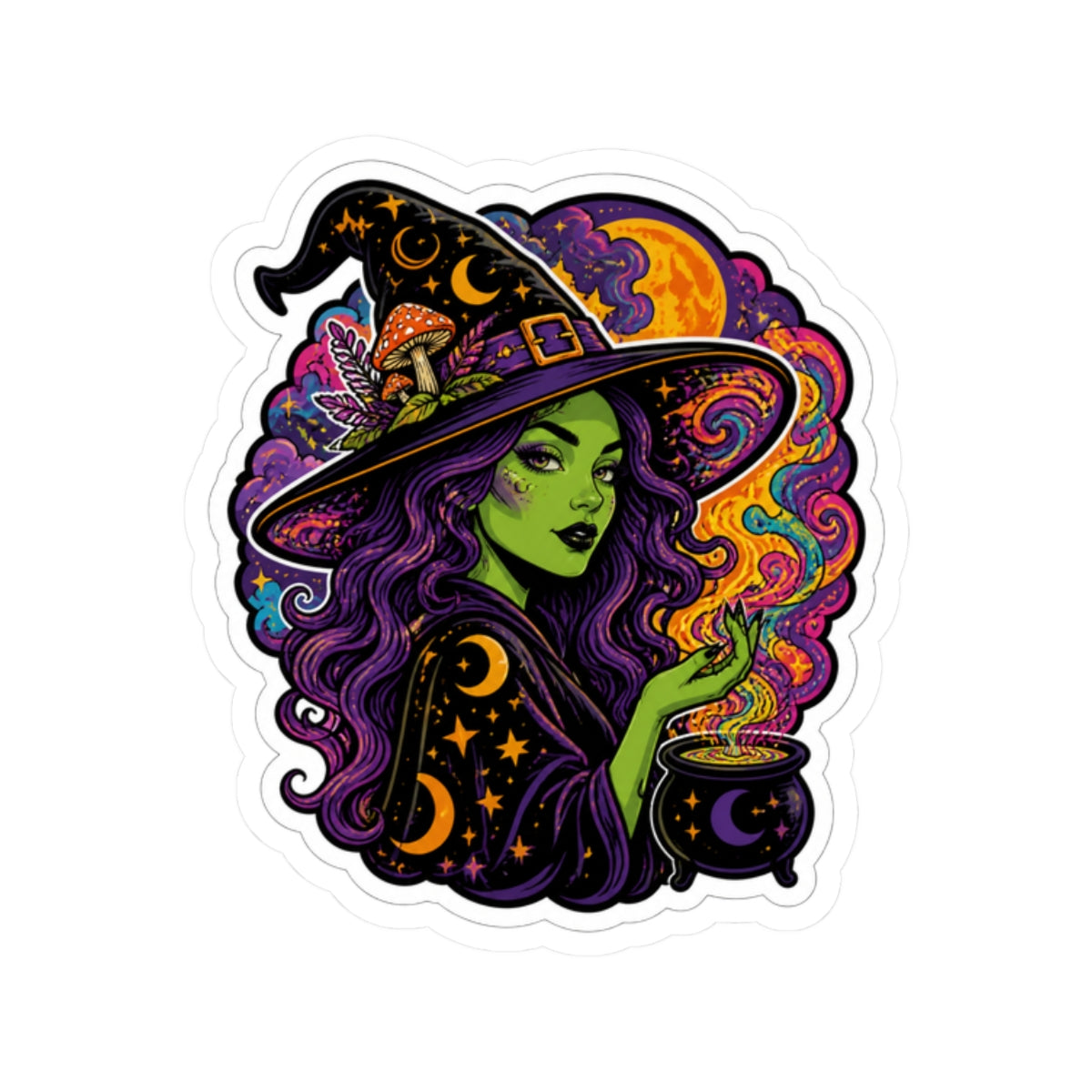 Witch Witchcraft Sticker — Green Witch with Cauldron Kiss-Cut Sticker