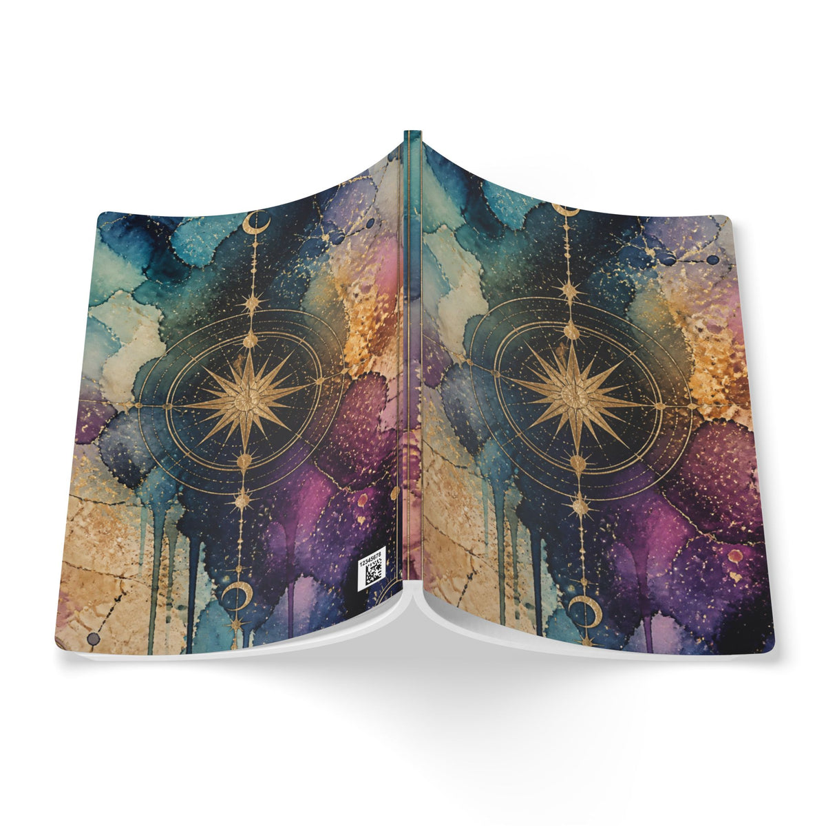 Celestial Compass Softcover Journal — Galaxy Watercolor Notebook with Gold Star Mandala