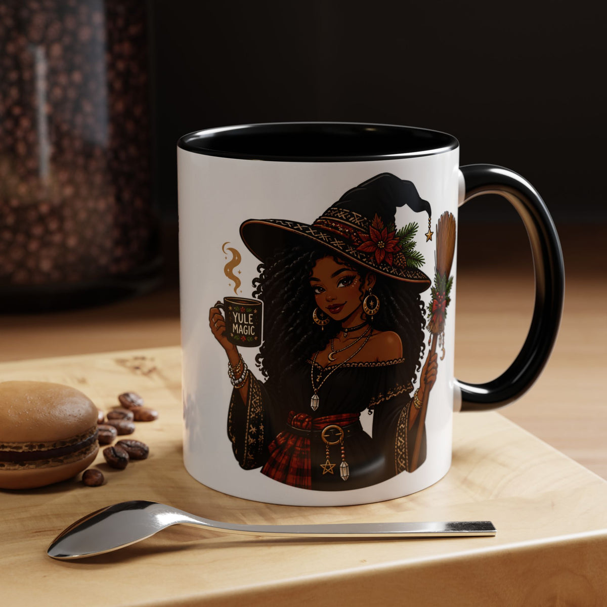 Witchy Christmas Coffee Mug with Black Witch and Broom Design