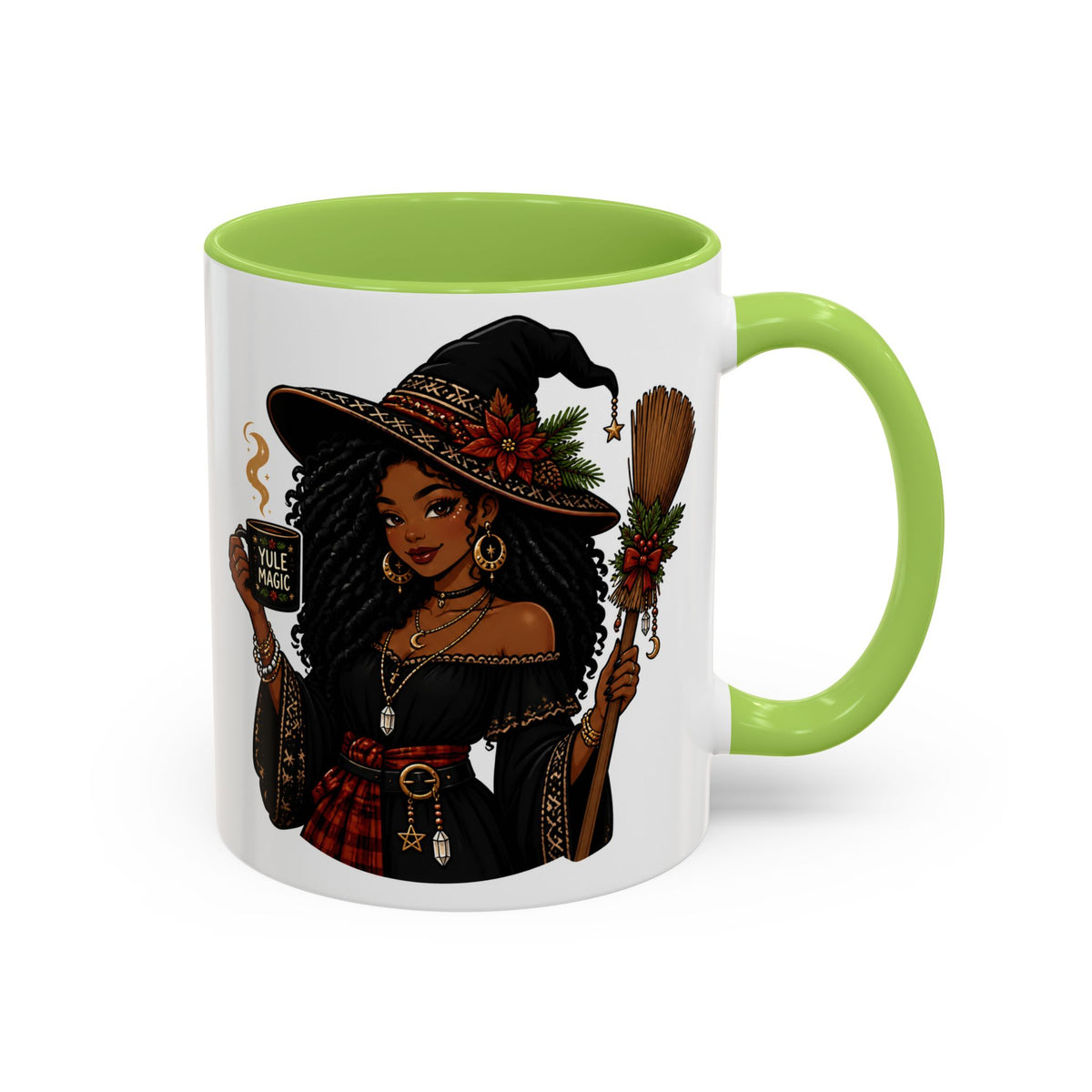 Witchy Christmas Coffee Mug with Black Witch and Broom Design