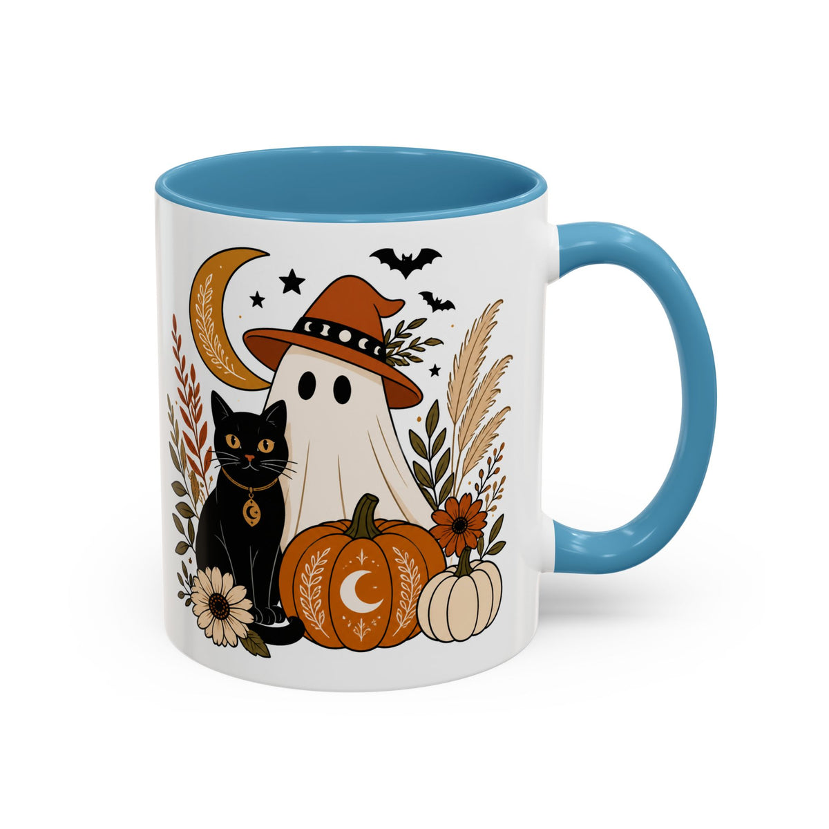 Halloween Ghost & Black Cat Accent Coffee Mug — Spooky Pumpkin Fall Coffee Cup (11/15oz)