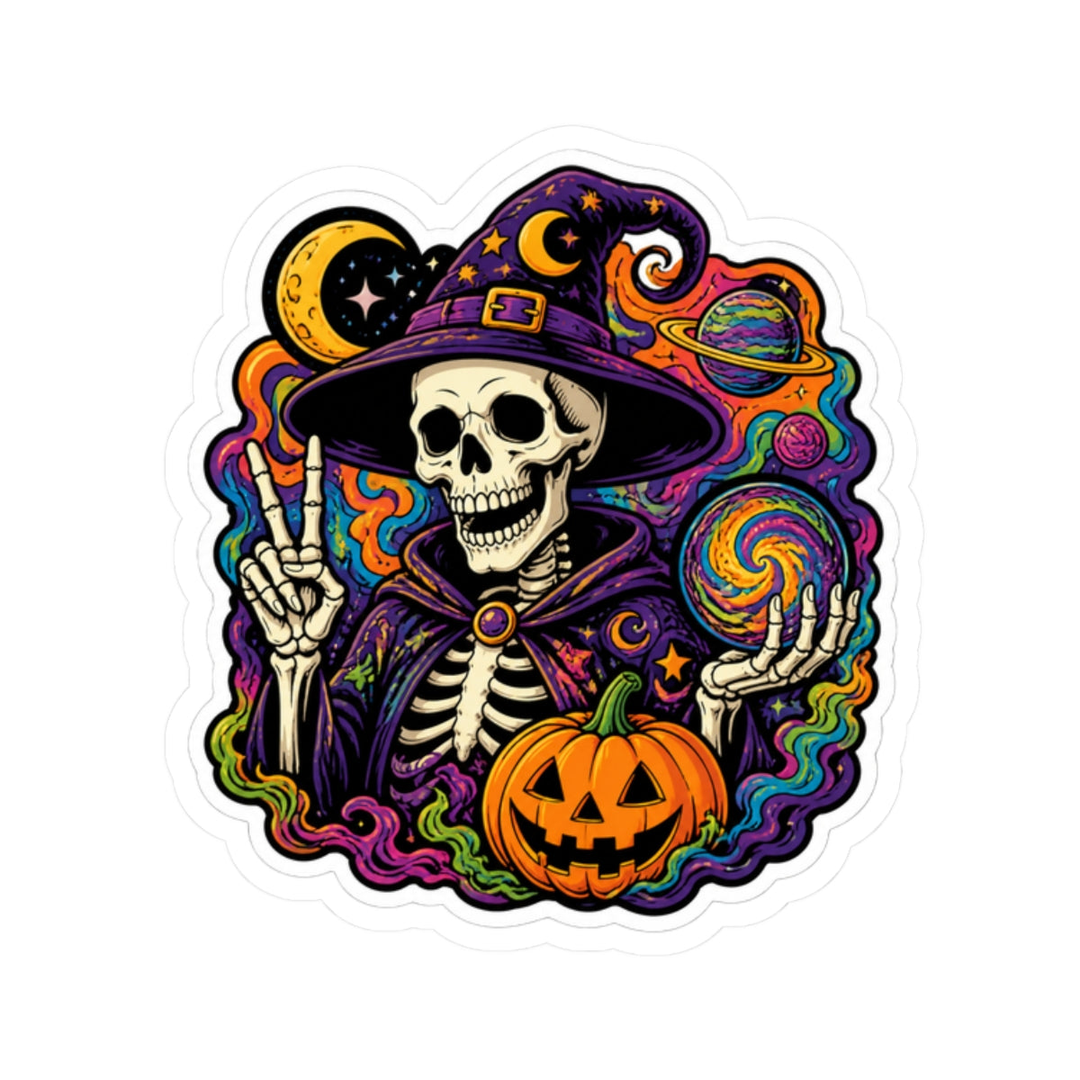 Halloween Wizard Skull Sticker — Colorful Witch, Pumpkin & Cosmic Magic Kiss-Cut Sticker