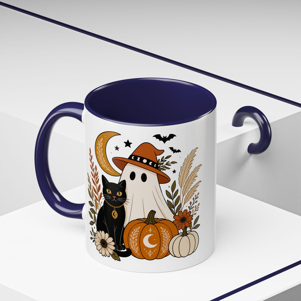 Halloween Ghost & Black Cat Accent Coffee Mug — Spooky Pumpkin Fall Coffee Cup (11/15oz)
