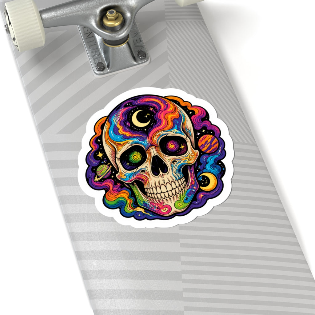 Psychedelic Cosmic Skull Sticker — Colorful Space Skull Kiss-Cut Decal