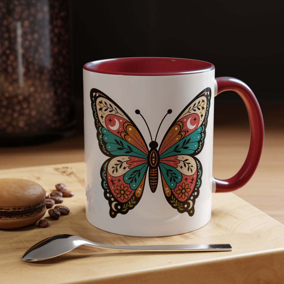 Butterfly Accent Coffee Mug — Colorful Floral Mandala Butterfly Ceramic Mug