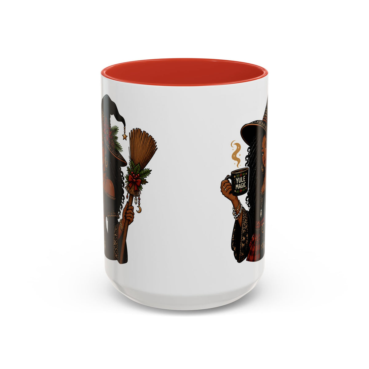 Witchy Christmas Coffee Mug with Black Witch and Broom Design