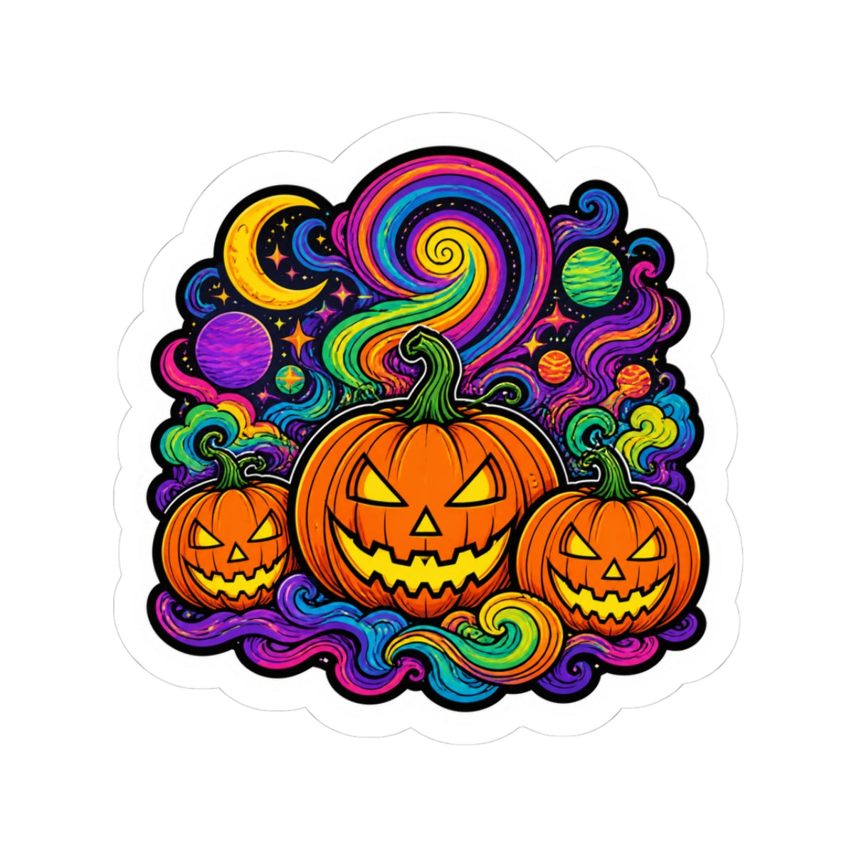 Psychedelic Jack-O'-Lantern Kiss-Cut Sticker — Colorful Halloween Pumpkin Decal