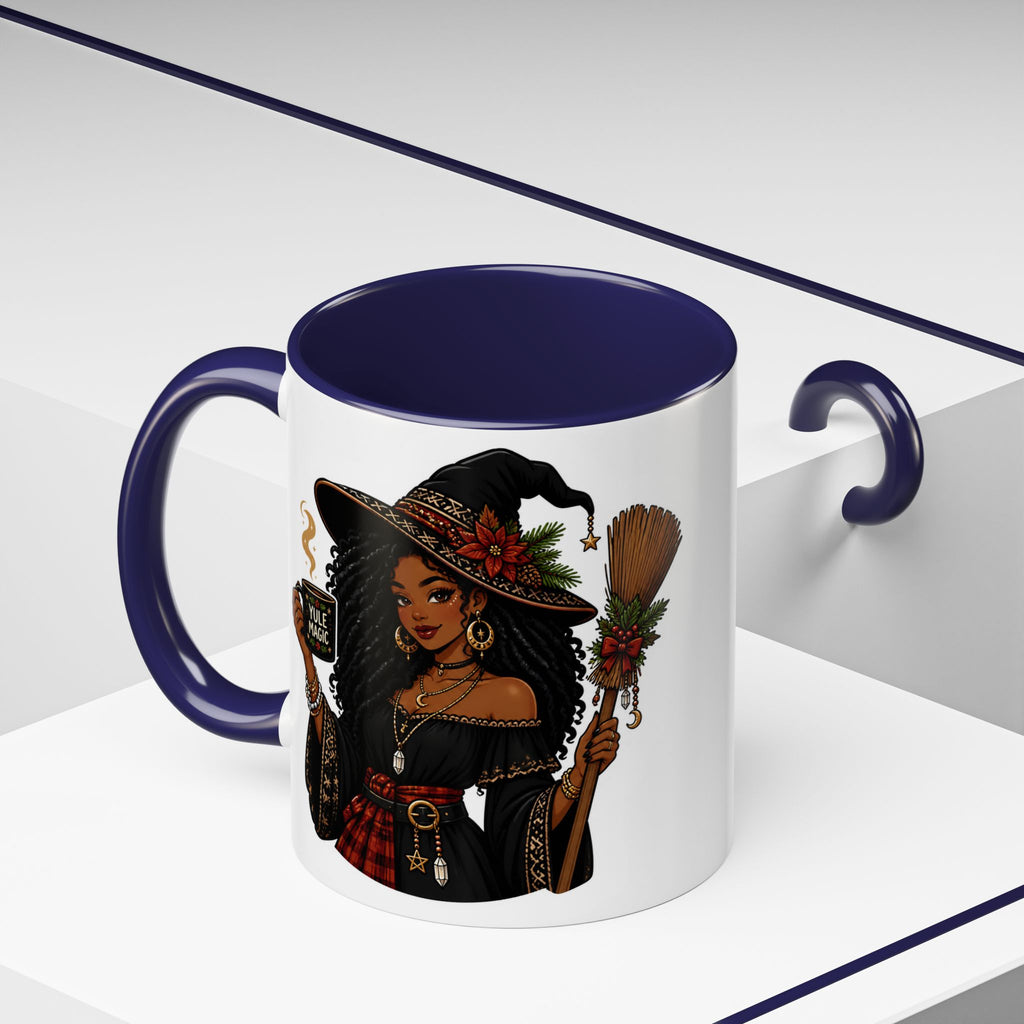 Witchy Christmas Coffee Mug with Black Witch and Broom Design