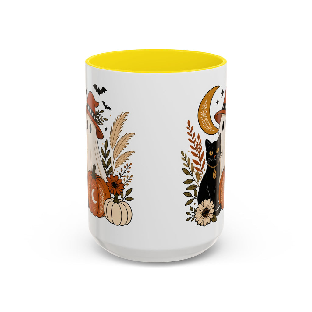 Halloween Ghost & Black Cat Accent Coffee Mug — Spooky Pumpkin Fall Coffee Cup (11/15oz)