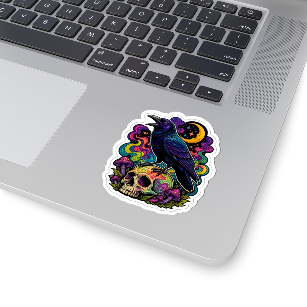 Psychedelic Raven Skull Sticker — Gothic Crow, Mushroom & Moon Kiss-Cut Decal
