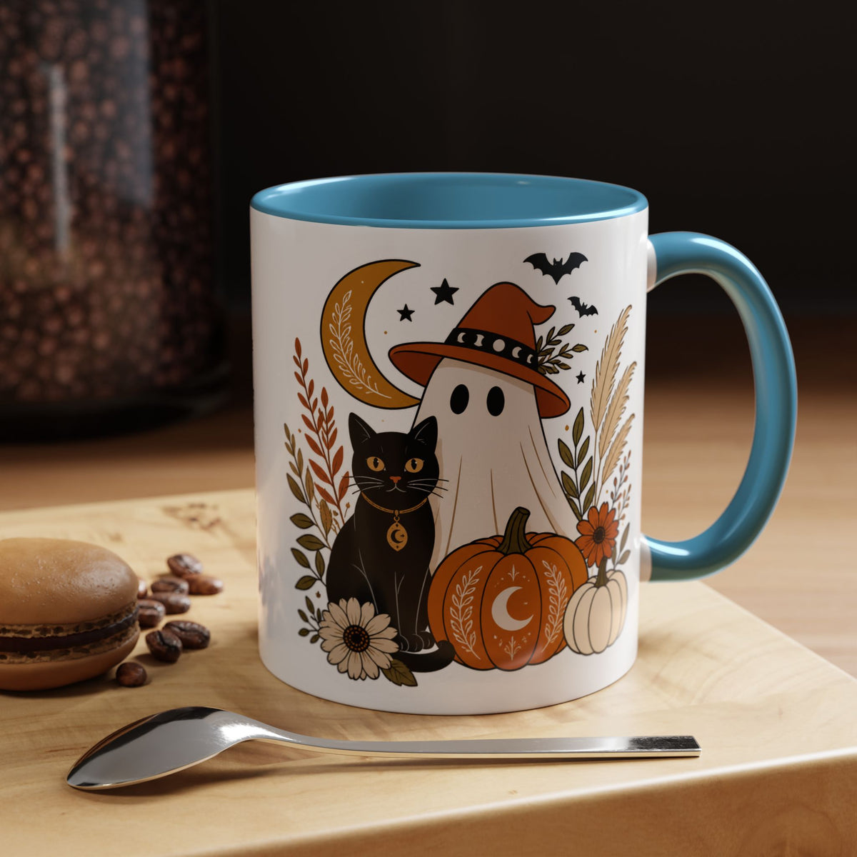 Halloween Ghost & Black Cat Accent Coffee Mug — Spooky Pumpkin Fall Coffee Cup (11/15oz)