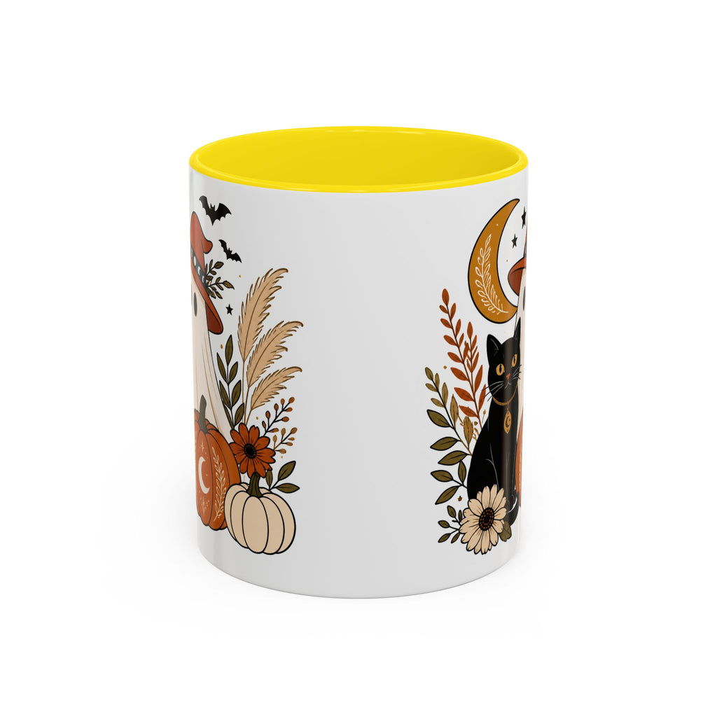 Halloween Ghost & Black Cat Accent Coffee Mug — Spooky Pumpkin Fall Coffee Cup (11/15oz)